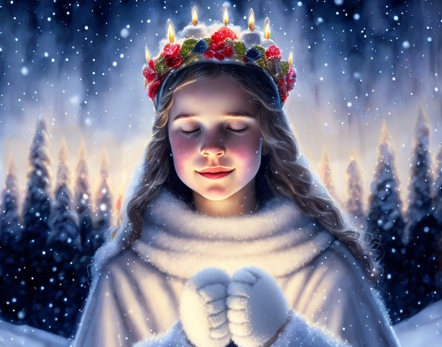 Young girl in floral crown and white cloak in serene snowfall scene.