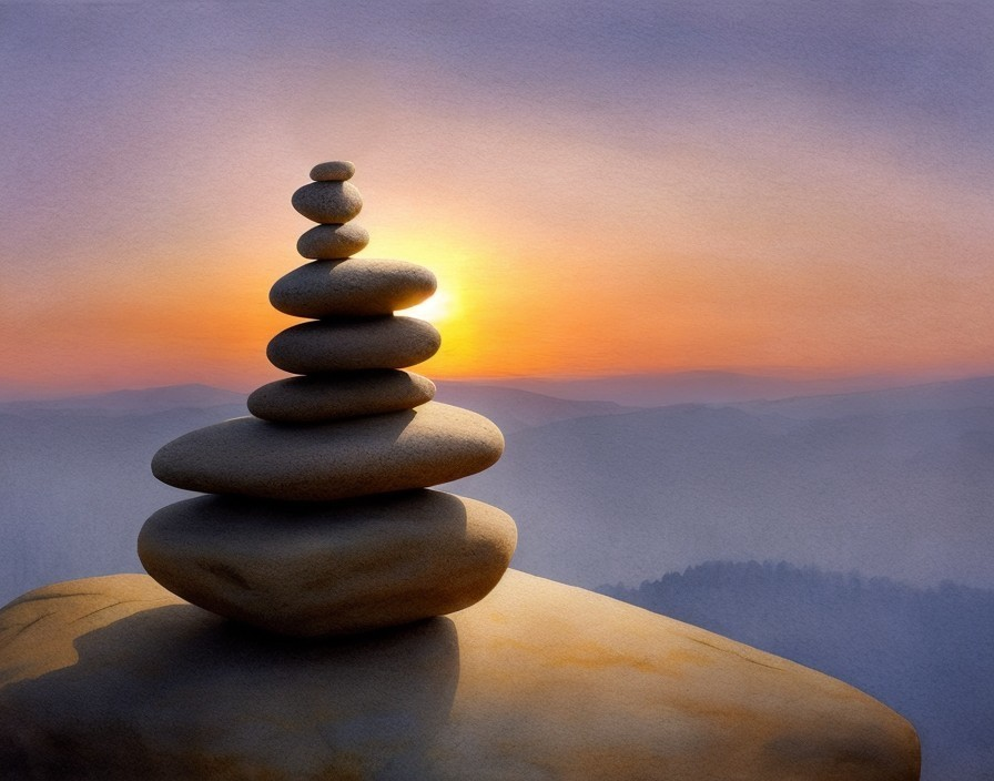 Smooth stones stacked on rock against sunset backdrop with orange and purple hues.