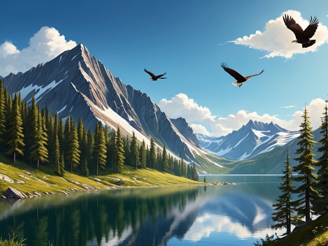 Majestic Mountain Landscape with Serene Lake and Eagles