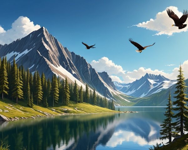 Majestic Mountain Landscape with Serene Lake and Eagles