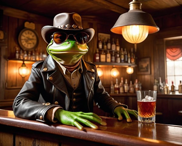 Suave Frog in Leather Jacket at Rustic Bar Counter