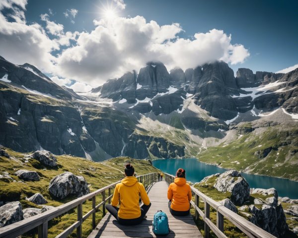 Individuals in orange jackets in alpine landscape