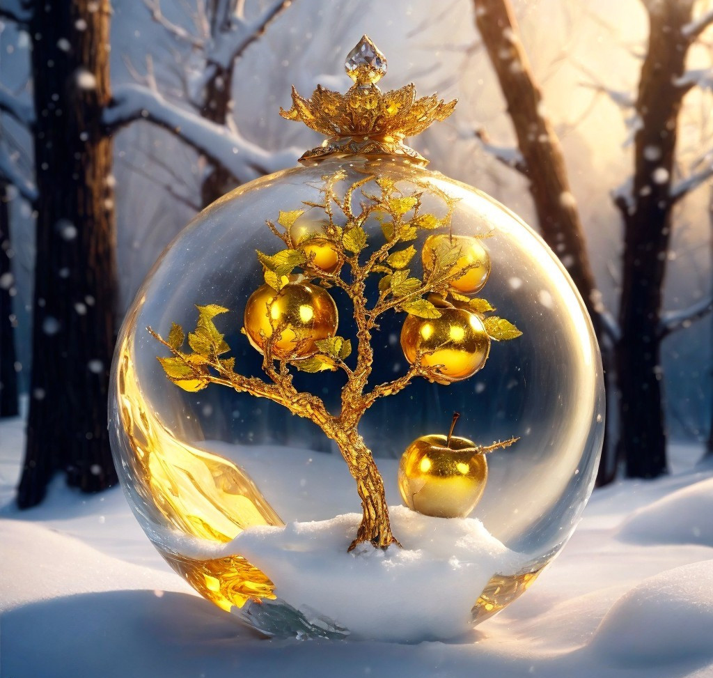 Glass Dome with Golden Apple Tree in Snowy Landscape