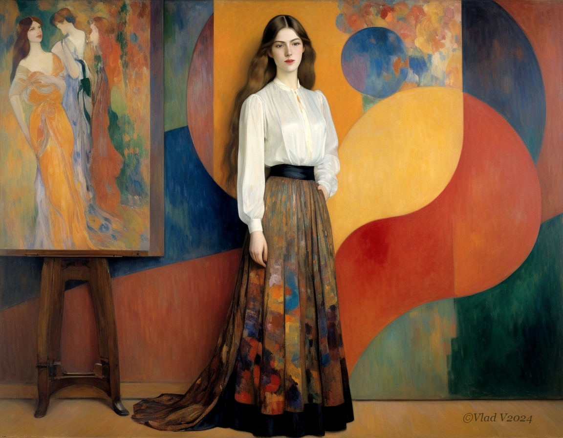 Elegant Woman in Flowing Skirt with Abstract Background