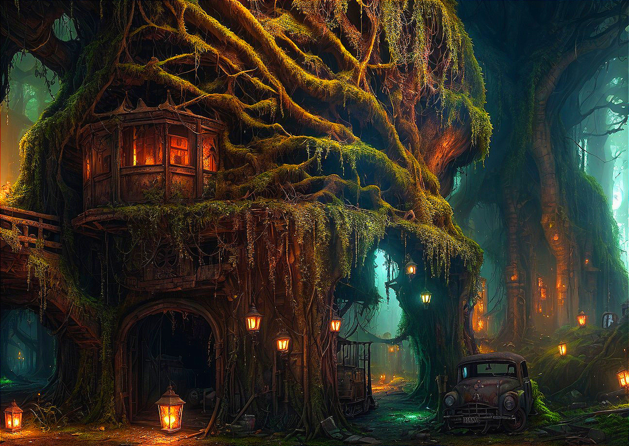 Cozy treehouse and lantern-lit forest scene with old car and moss-draped trees