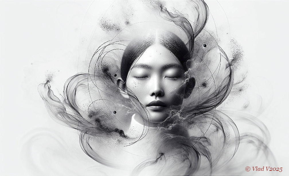 Monochromatic Illustration of a Serene Face with Patterns