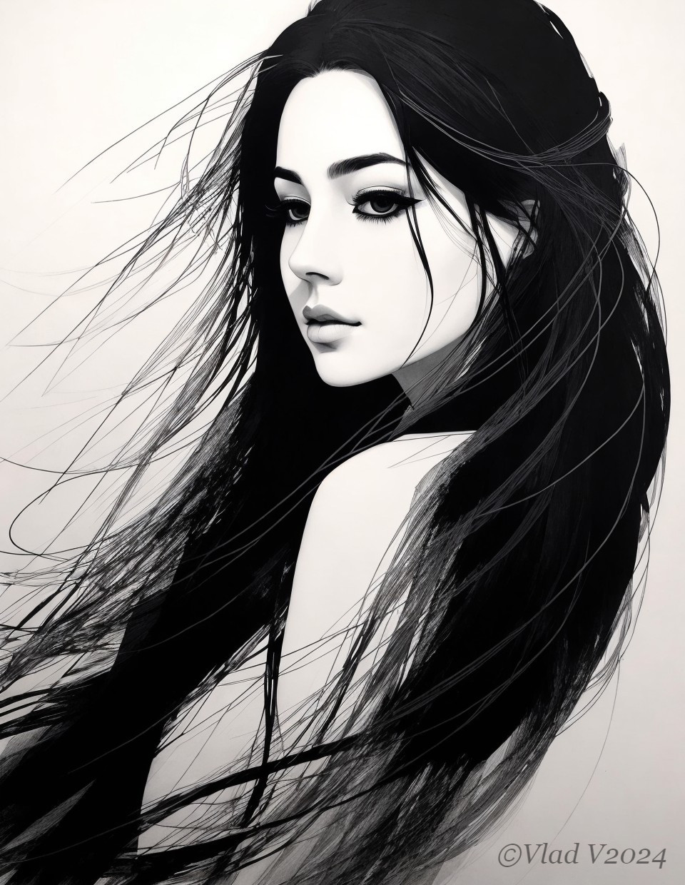 Portrait of a Woman with Flowing Dark Hair