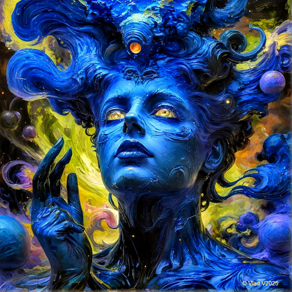 Mystical Figure with Blue Skin and Cosmic Elements