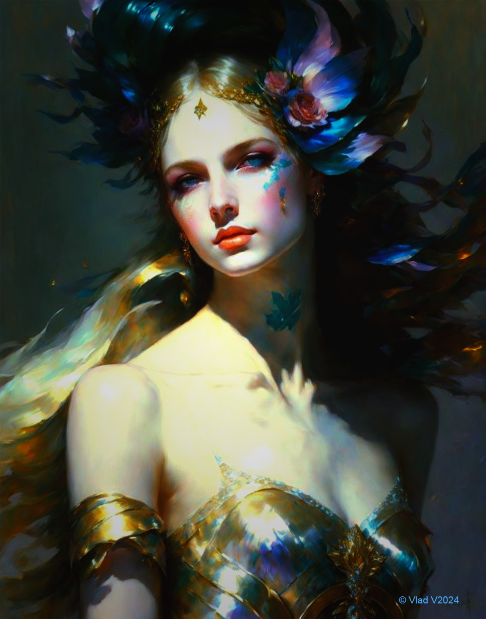 Ethereal woman in golden armor with blue flowers in hair