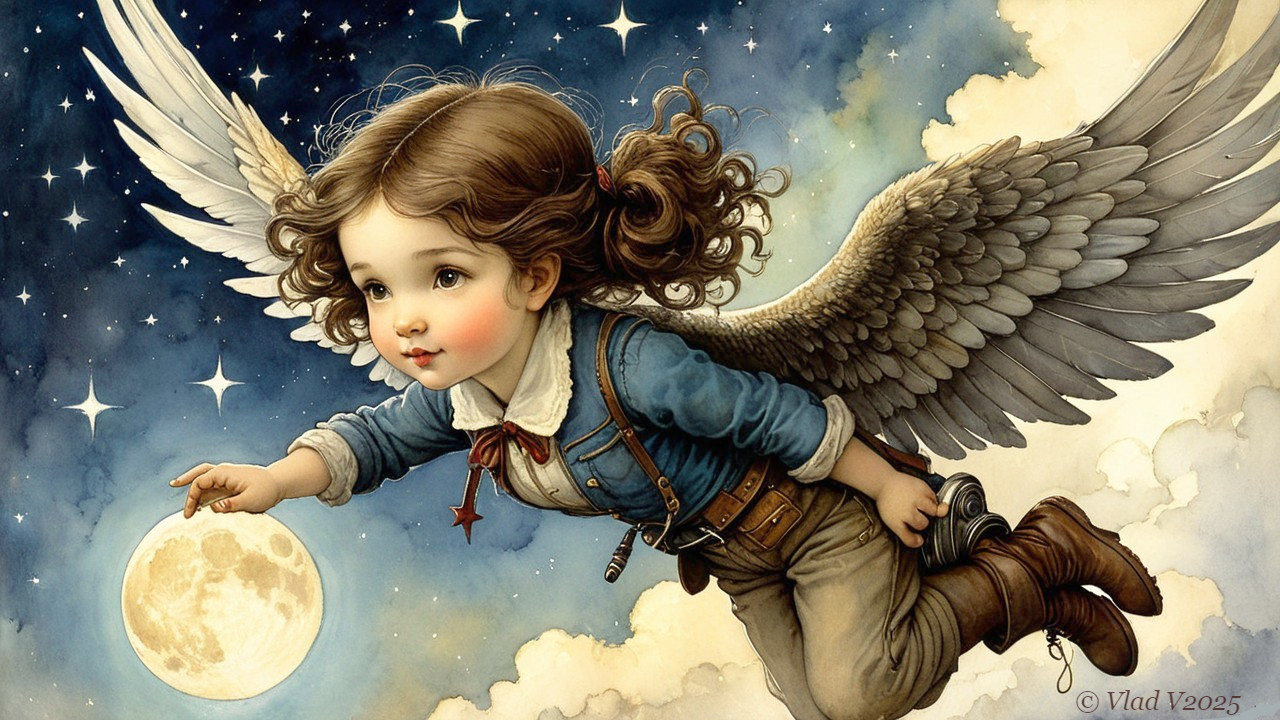 Whimsical Illustration of Girl with Wings in Night Sky