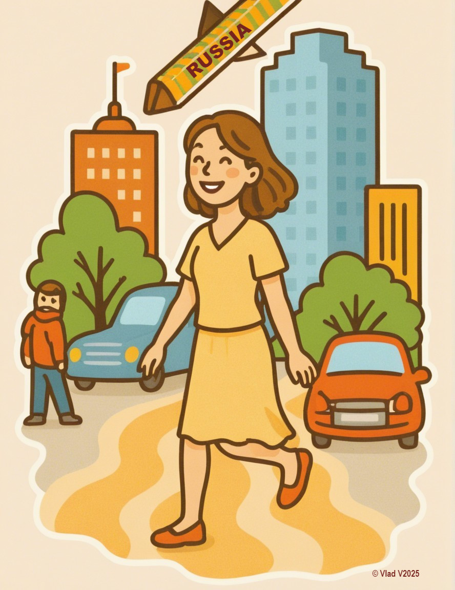 Cheerful Woman in Yellow Dress on City Street Scene