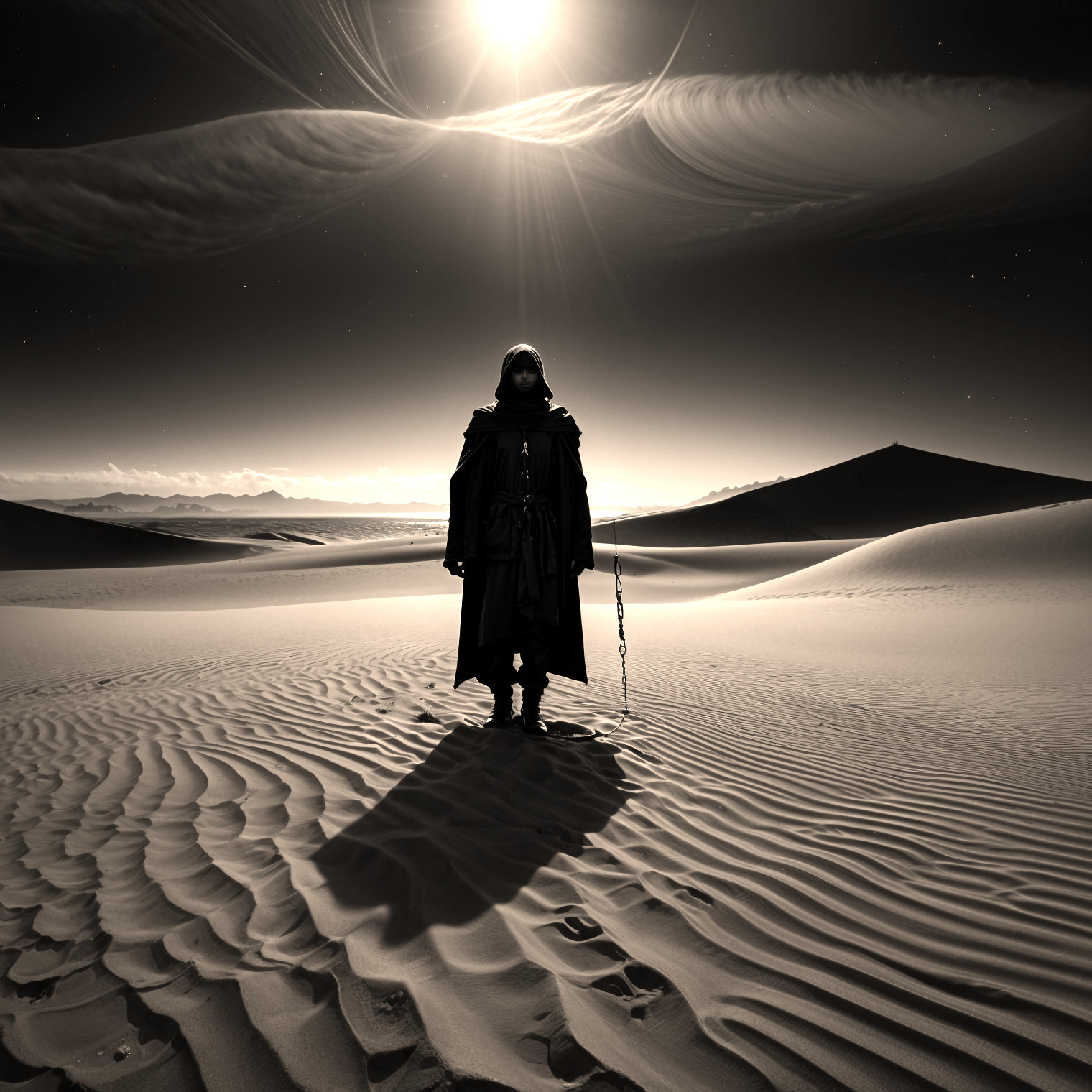 Solitary Figure in Vast Desert with Dramatic Sky