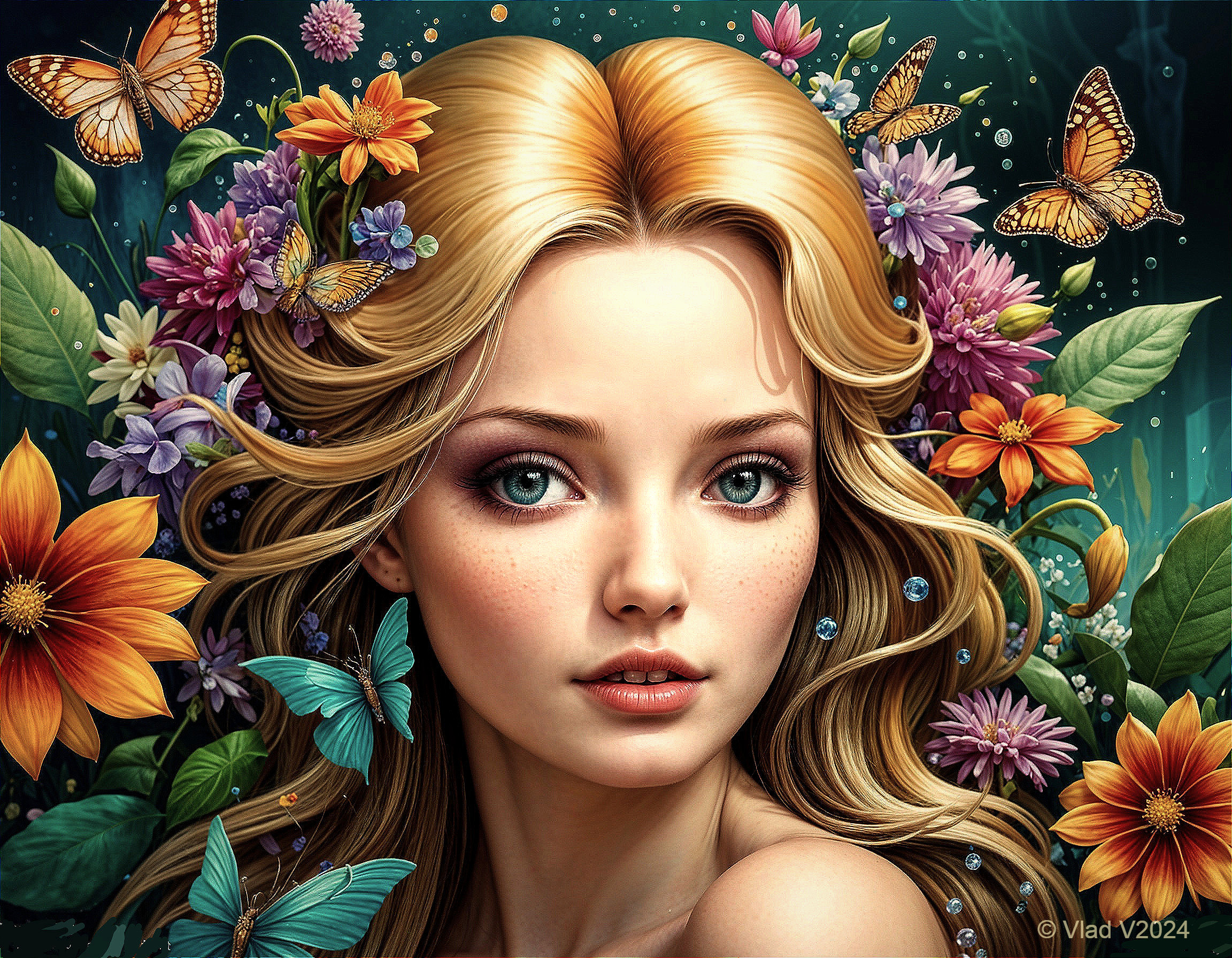 Young Woman with Flowers and Butterflies in Nature