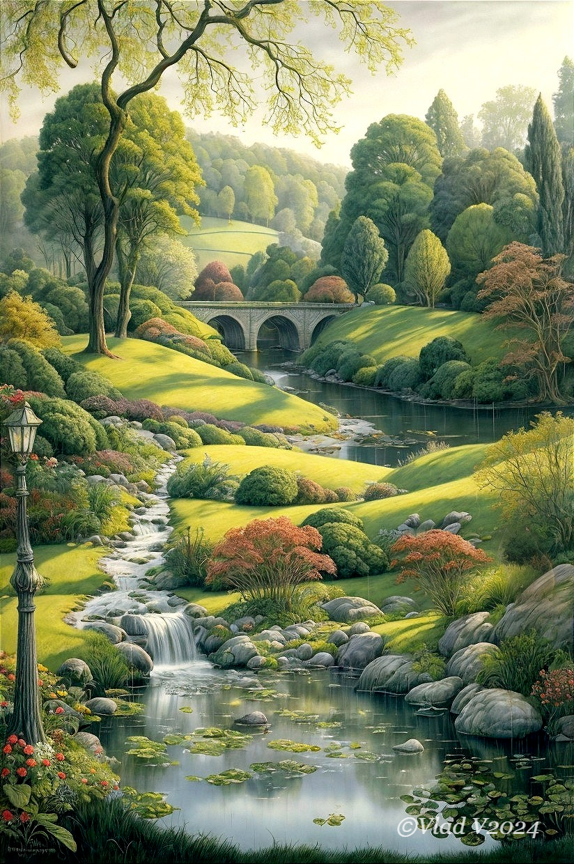 Serene Landscape with Stream and Quaint Stone Bridge