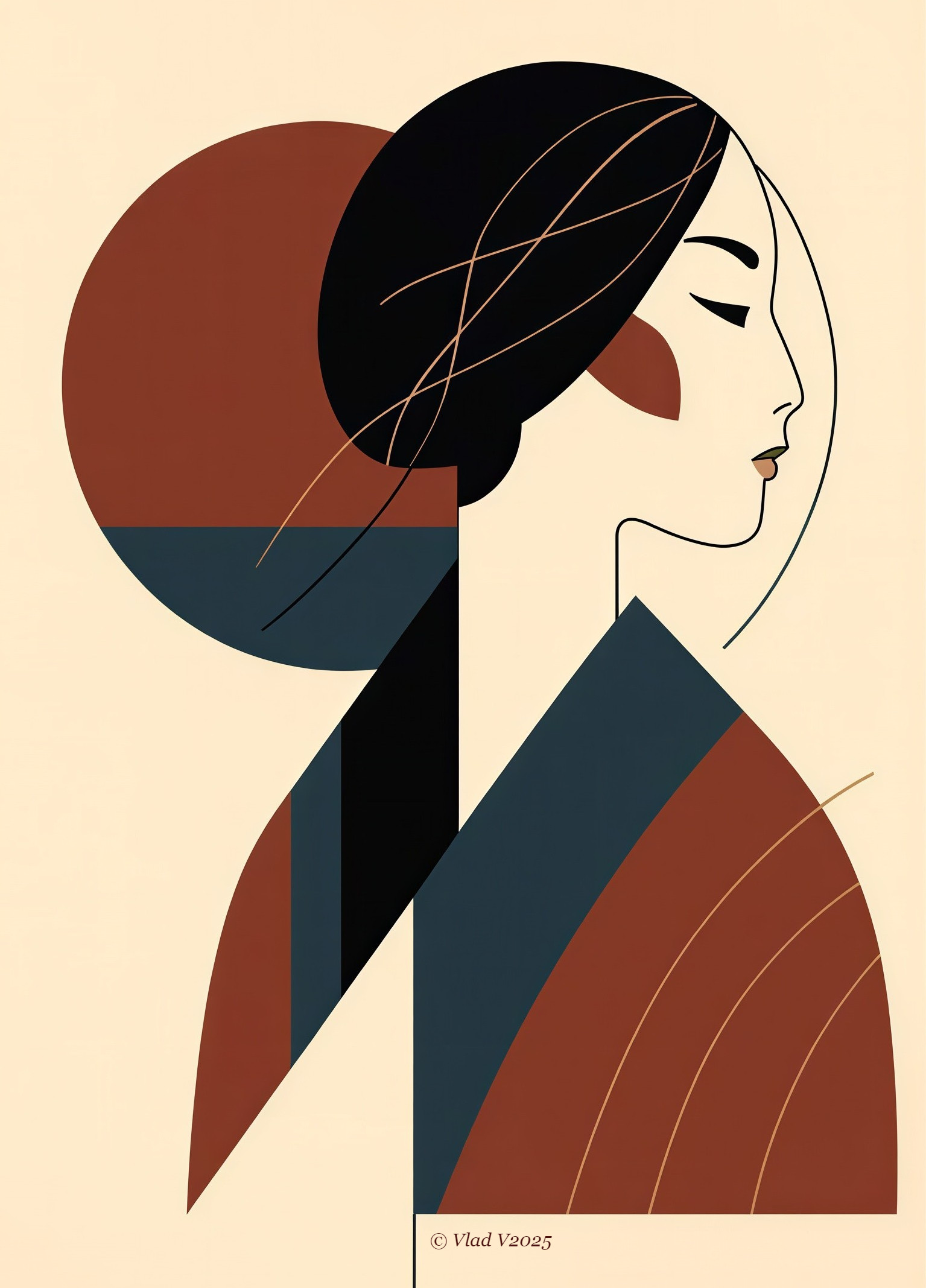 Abstract Art Deco Portrait of Japanese Woman in Profile