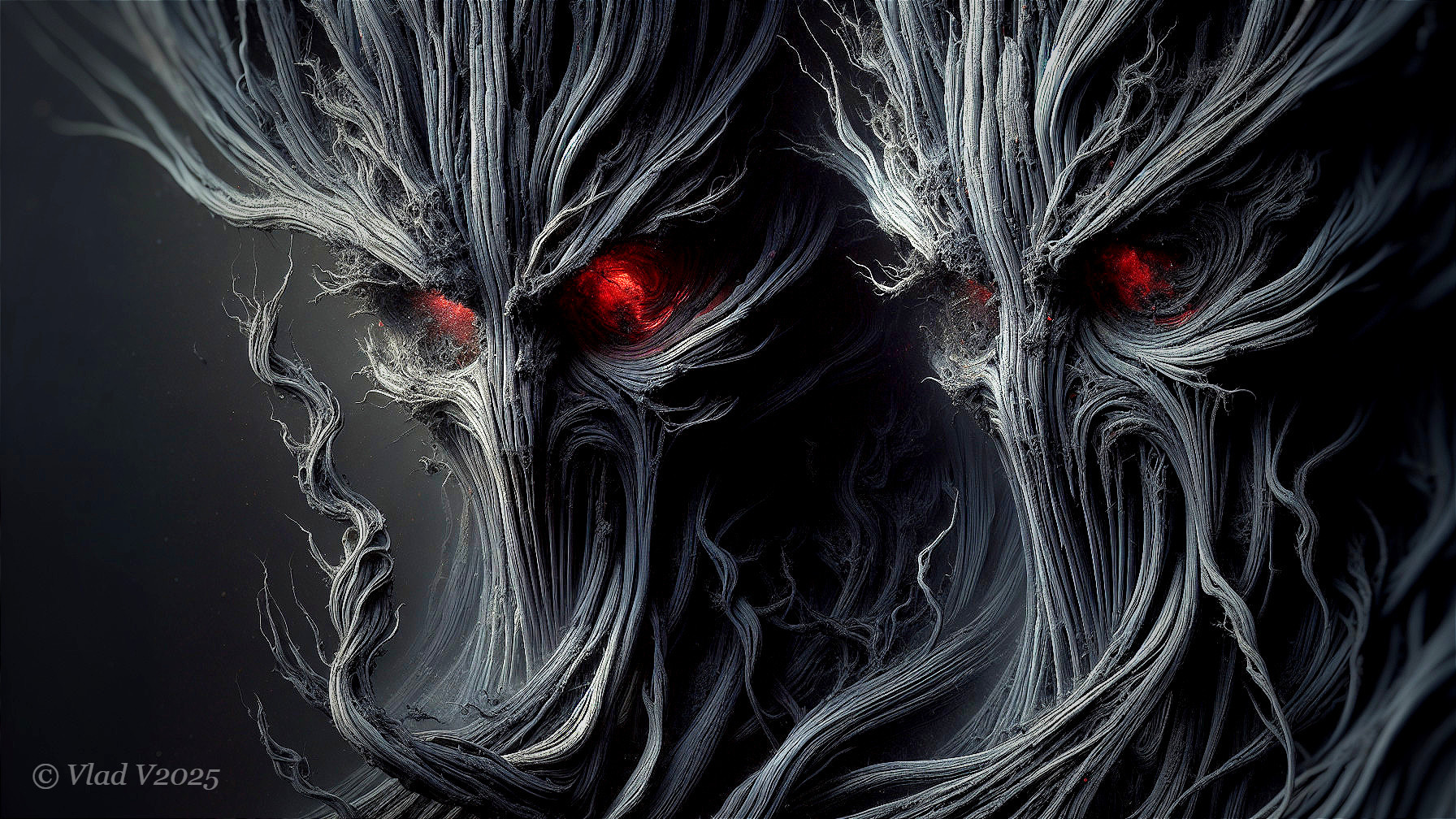 Eerie Humanoid Figures with Twisted Features and Red Eyes