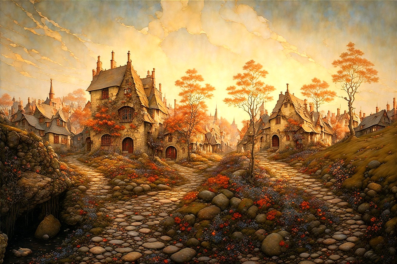 Tranquil fantasy village with stone houses and autumn trees