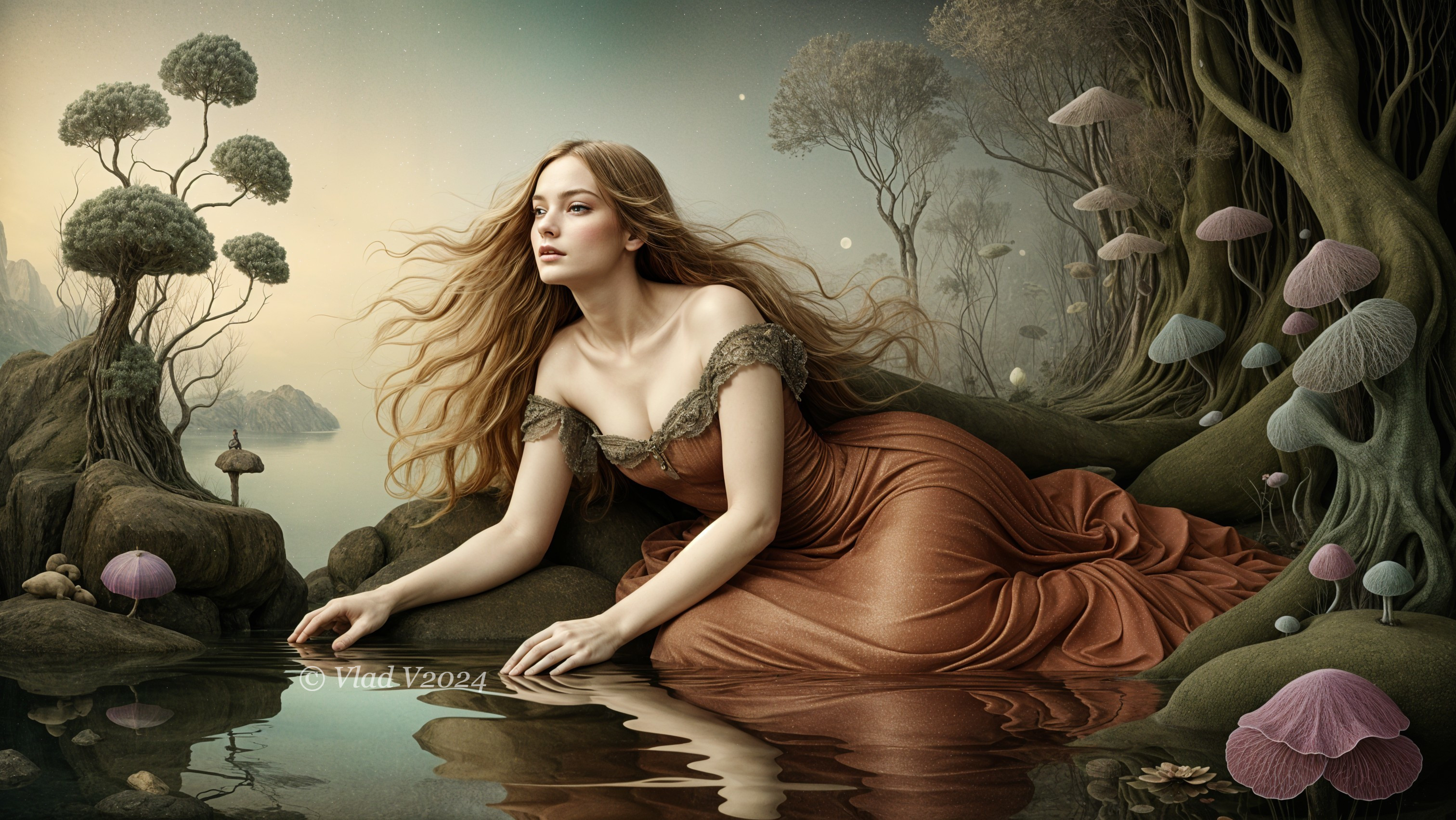 Young Woman in Amber Gown by Tranquil Water Body