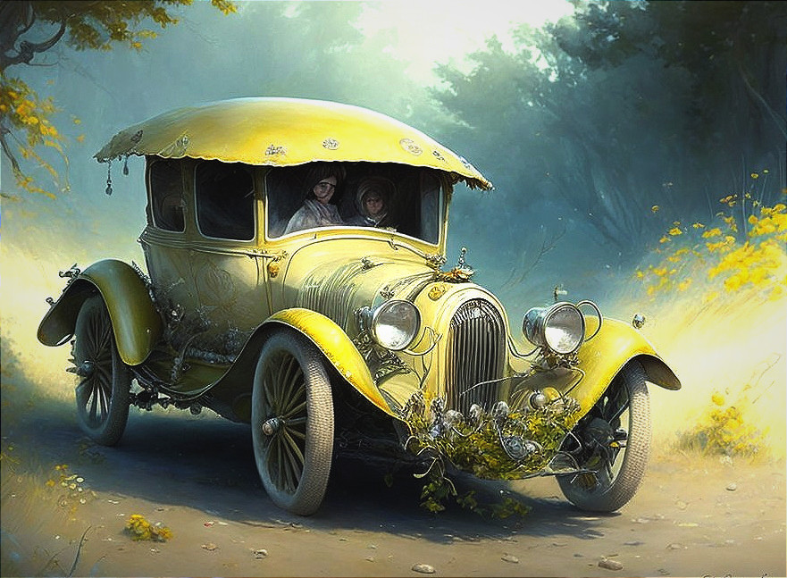 Vintage Car Drives Through Sunlit Mystical Forest