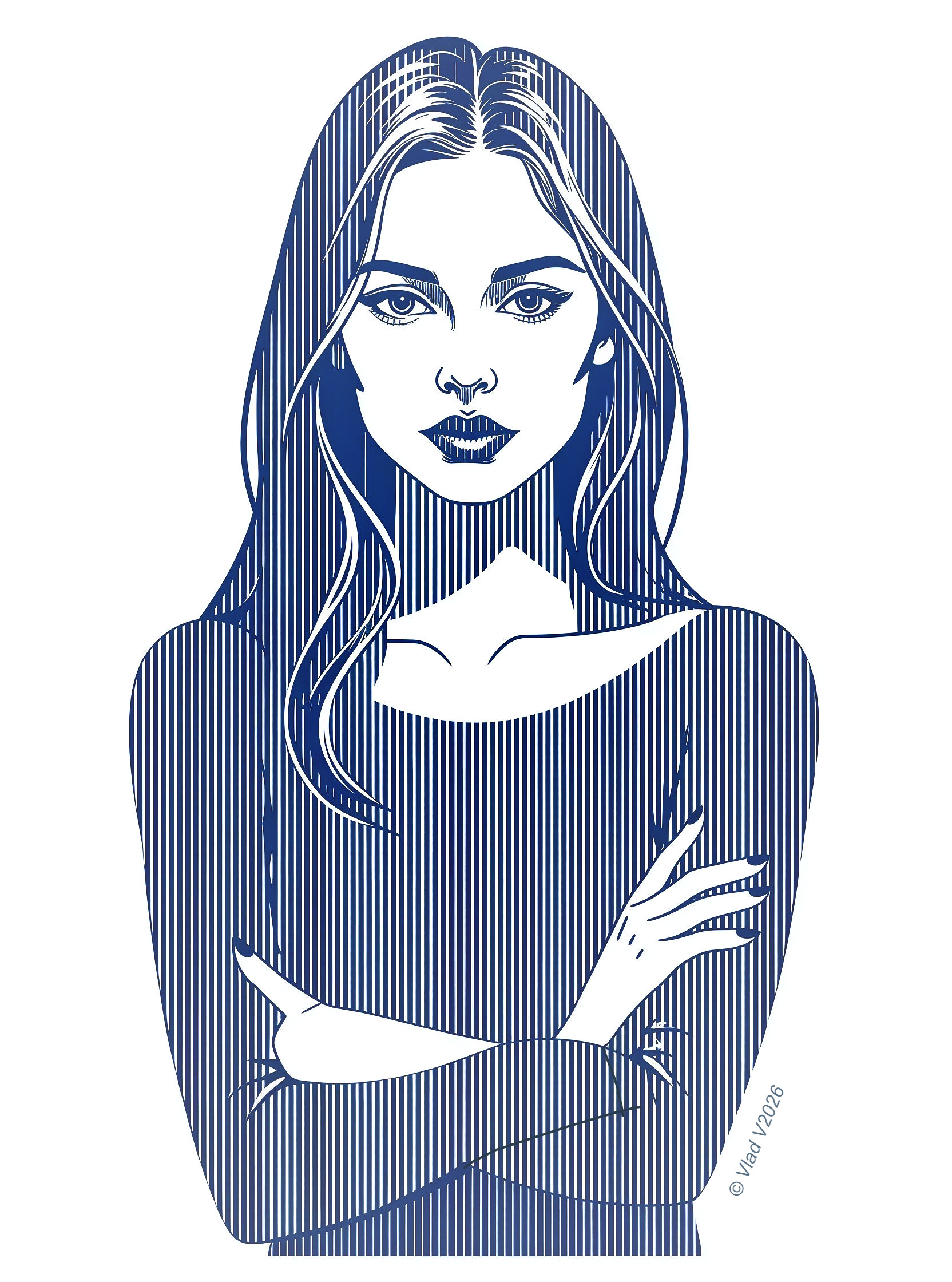 Minimalist Illustration of a Young Woman with Stern Expression