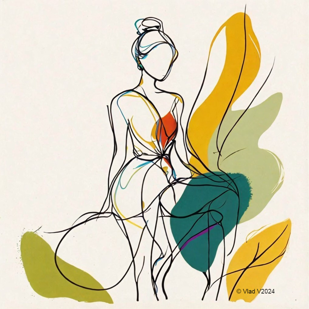 Minimalist Line Drawing of a Feminine Figure with Colorful Shapes