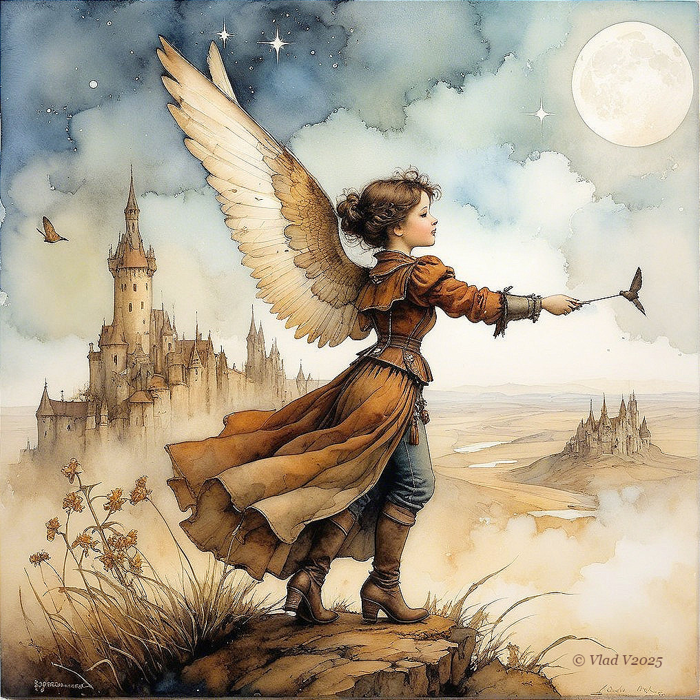 Young girl with wings gazes at castle under stars