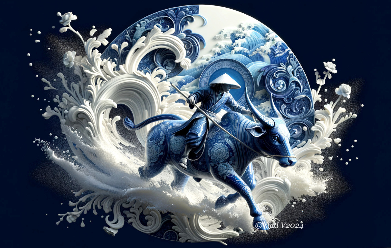 Stylized Blue and White Rider on Decorated Bull Design