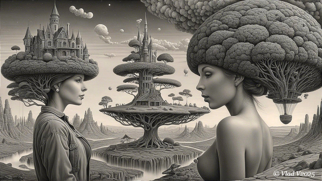 Women with Merging Hair in Surreal Landscapes
