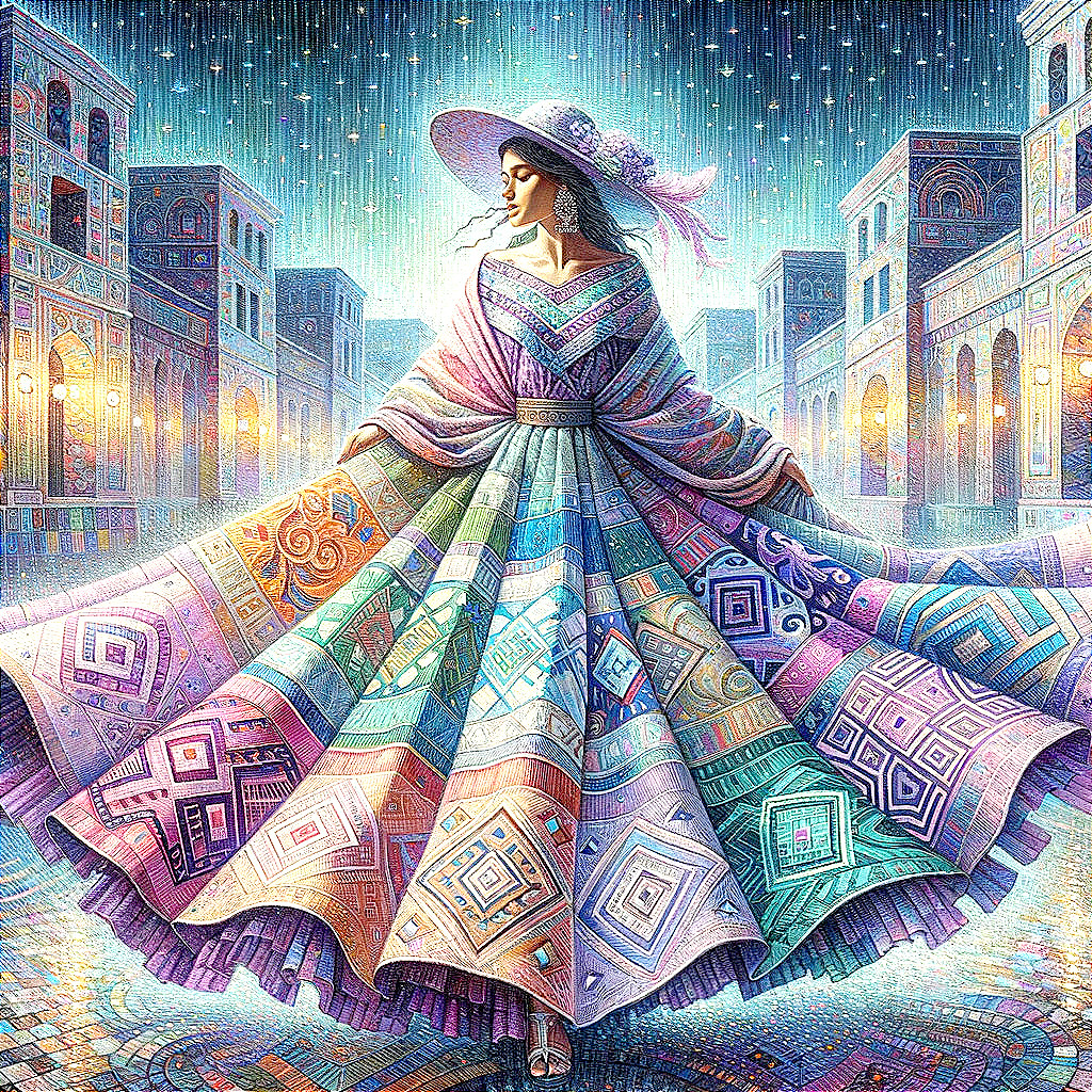 Woman in vibrant patchwork dress on colorful rain-soaked street