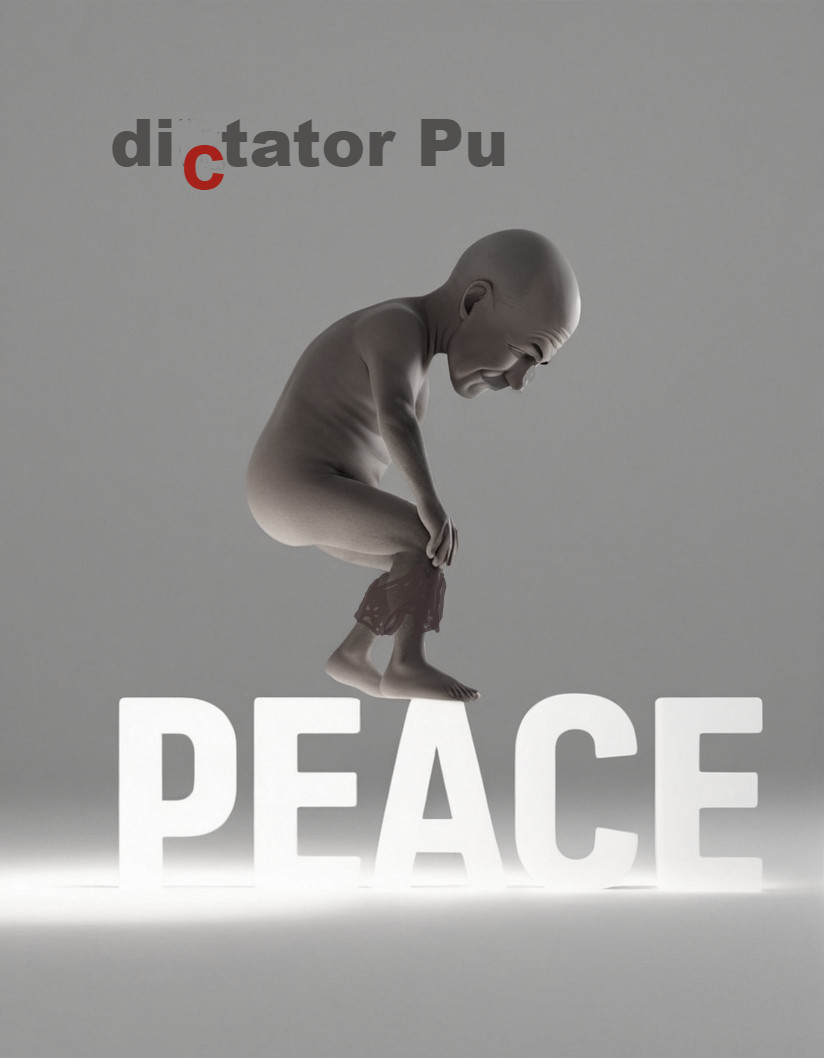 Surreal Figure Above the Word "PEACE" in Gray Background