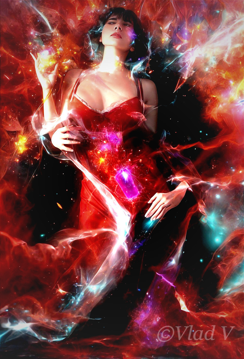 Woman in Red Dress Against Cosmic Background