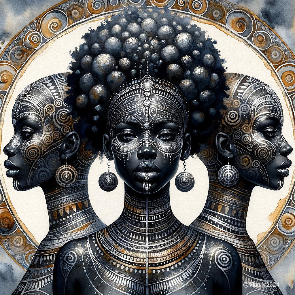 Profiles of Black Women with Tribal Patterns and Jewelry