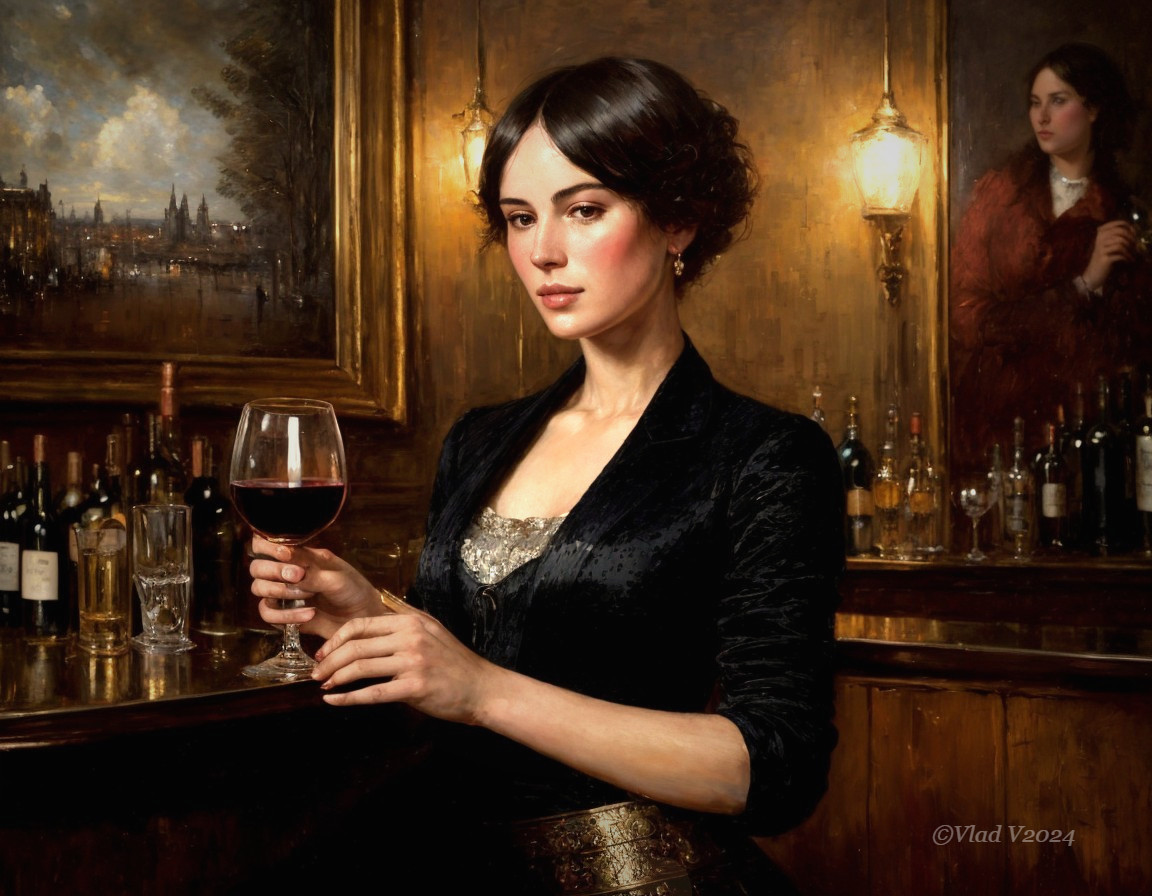 Elegant Woman with Red Wine in Intimate Bar Setting