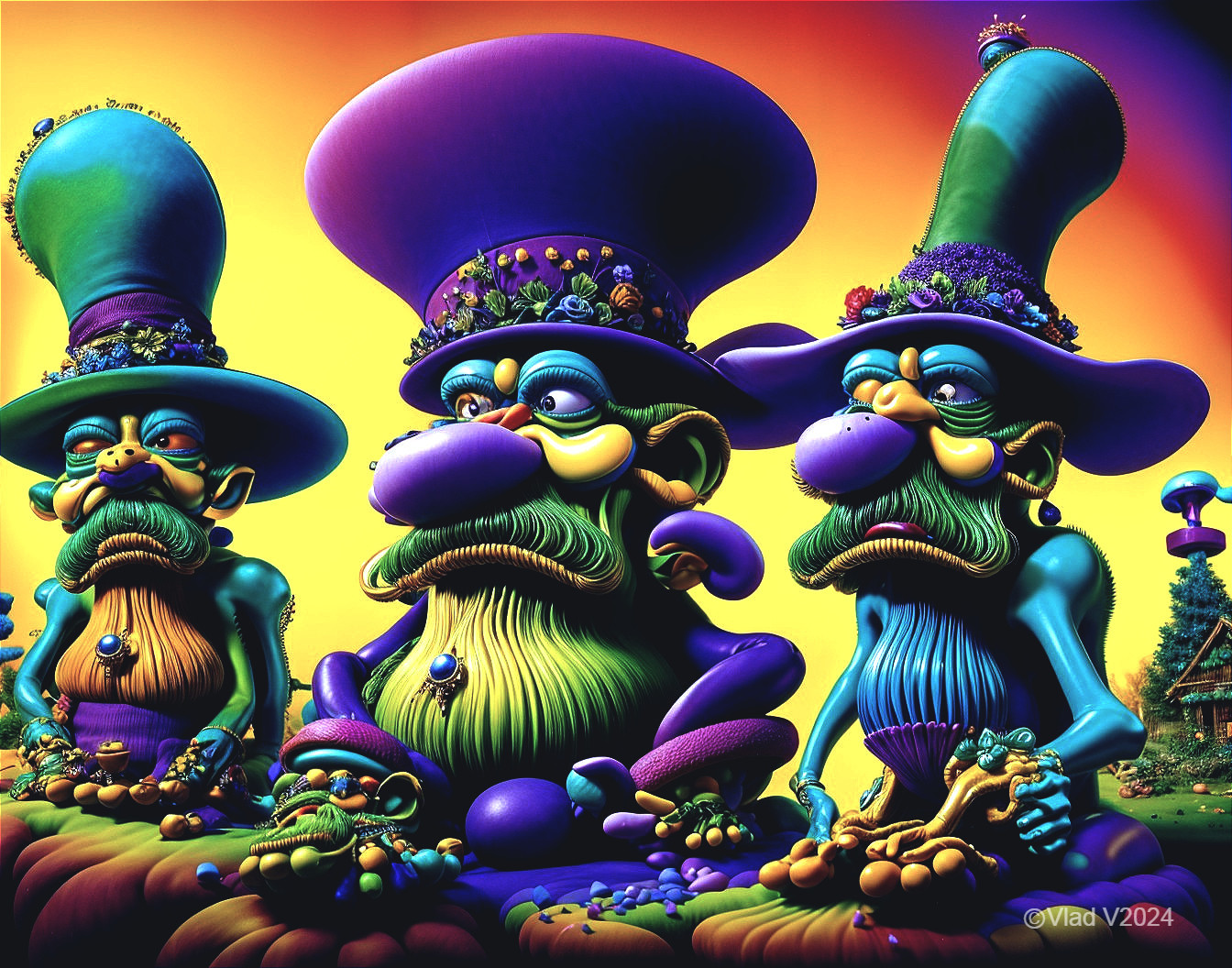 Whimsical Characters with Colorful Hats and Mushrooms