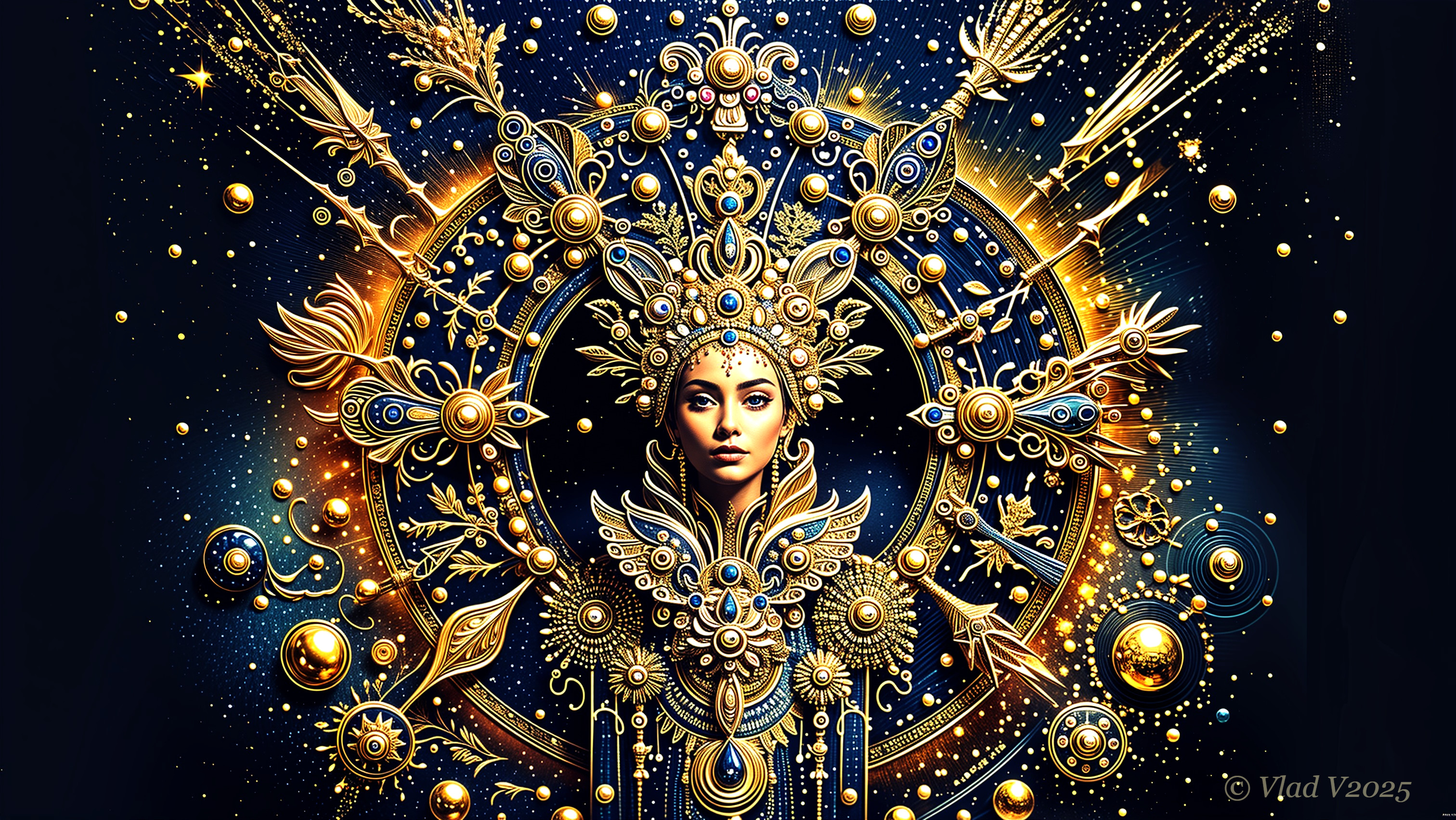 Ornate Cosmic Queen Figure with Golden and Blue Details