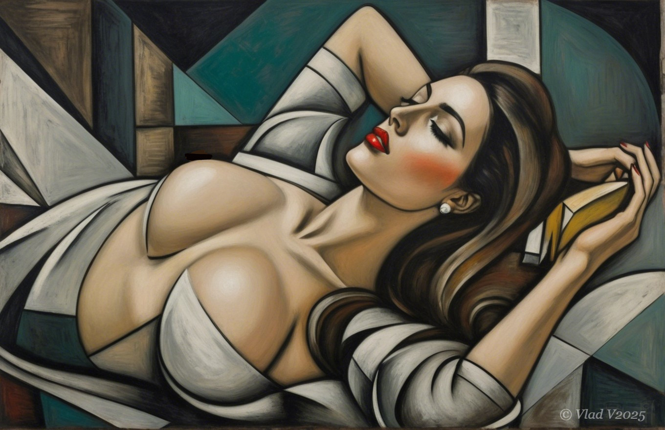 Reclining Woman in Elegant White Garment with Geometry