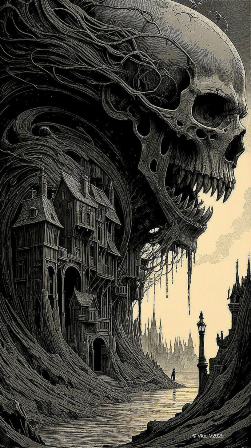 Surreal landscape with a colossal skull and eerie house