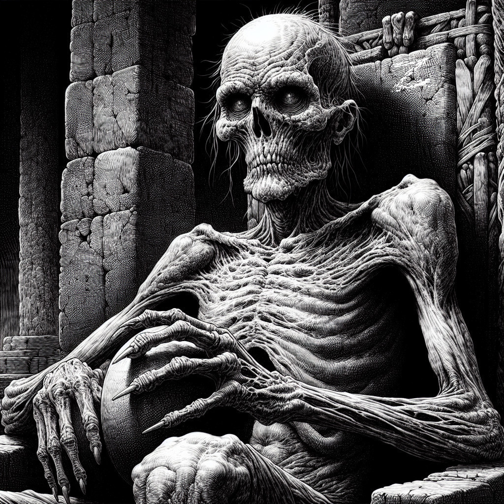 Monochrome Relief of Undead Figure in Stone Throne