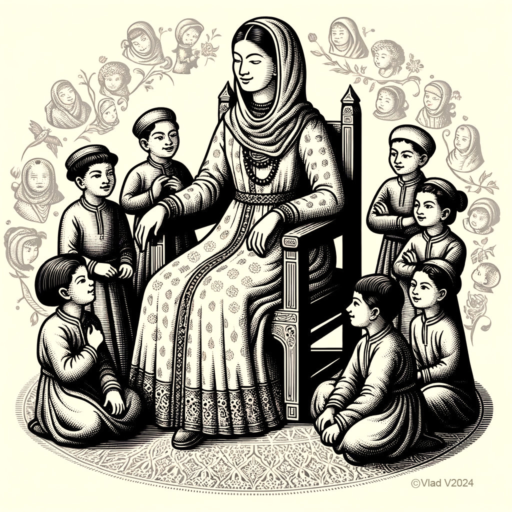 Woman on Throne Surrounded by Attentive Children