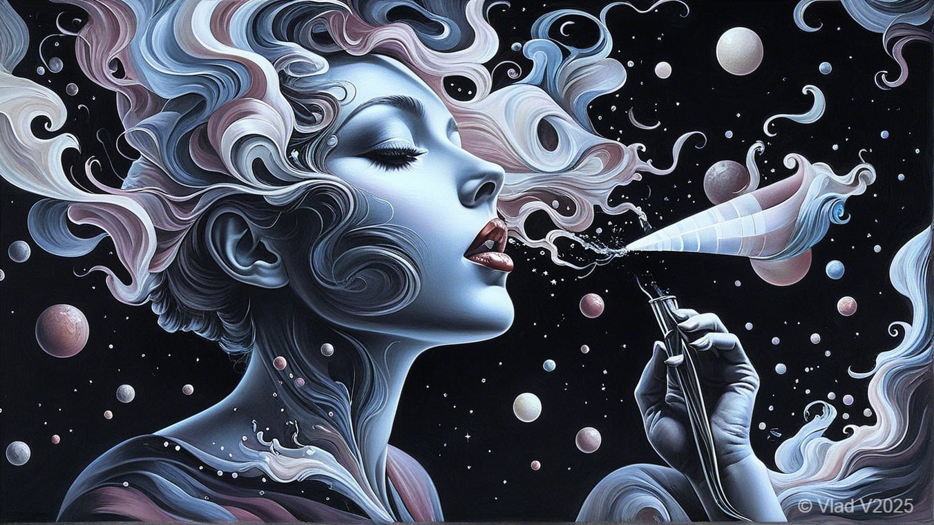 Serene Woman Exhaling Mist in Cosmic Landscape