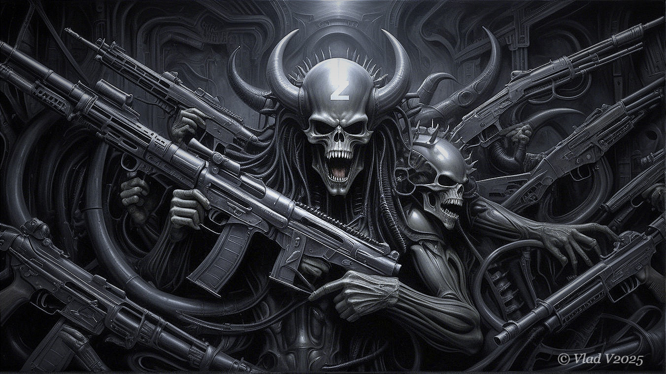 Dark Cybernetic Figure with Firearms and Skulls