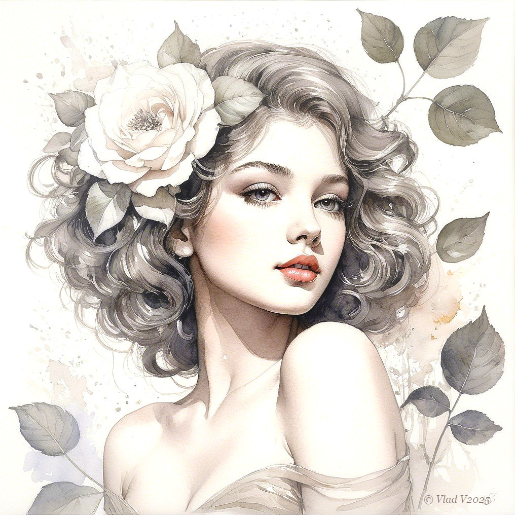 Young woman with blonde hair and white rose in artwork