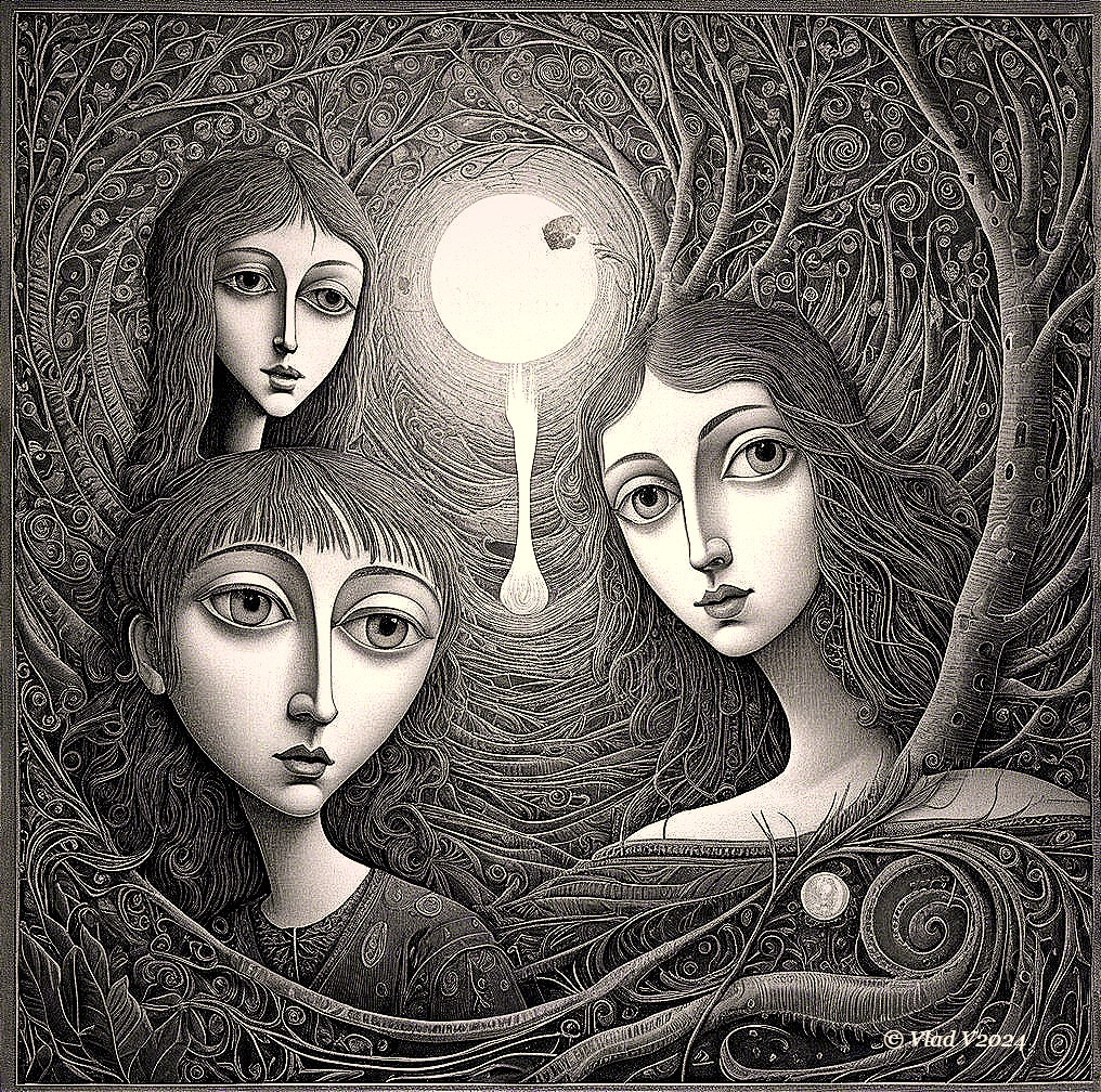 Ethereal Women in Surreal Nature Patterns and Moonlight