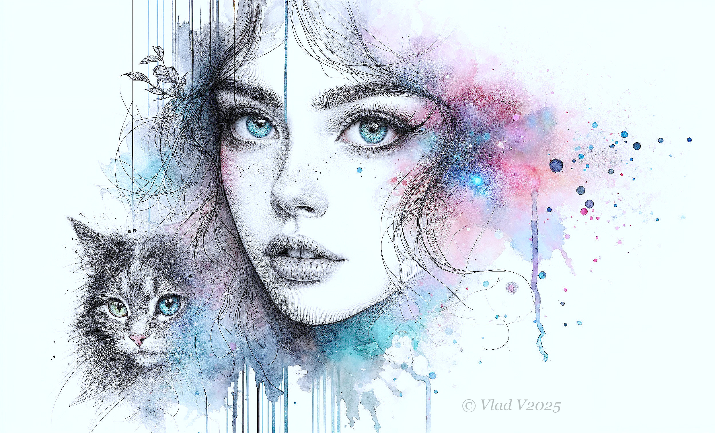 Portrait of a Young Woman with Watercolor Effects