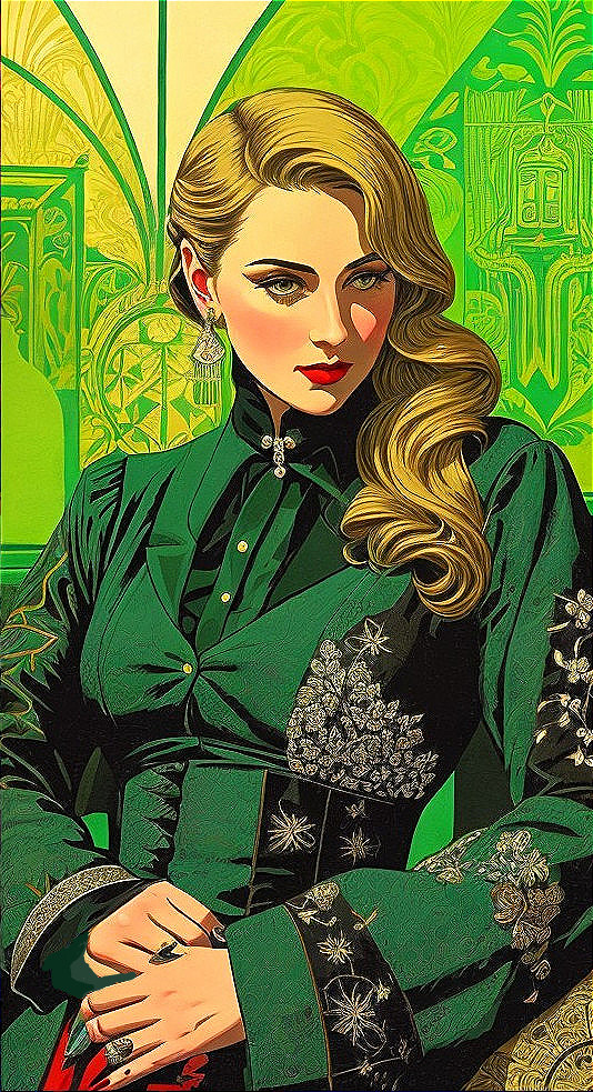 Stylized portrait of woman with wavy hair and green blouse on vibrant green background