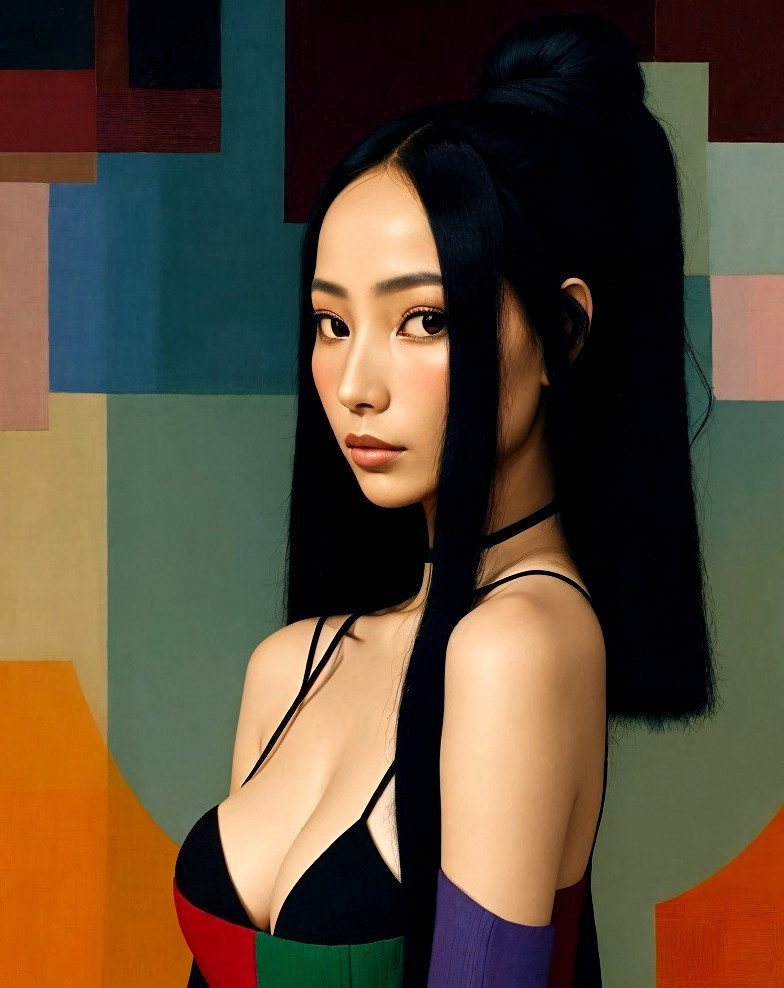 Woman with Dark Hair in Colorful Strap Dress Against Geometric Background