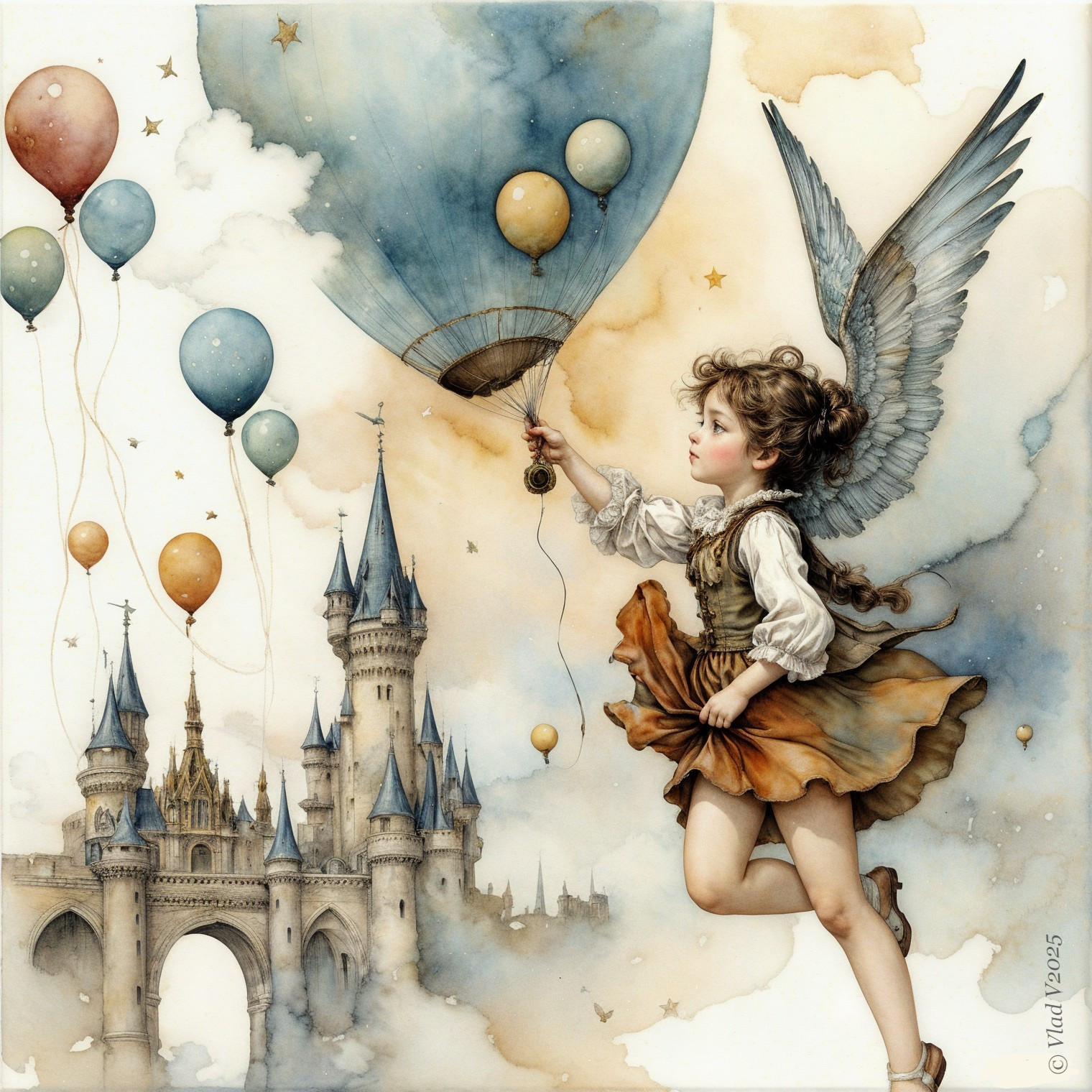 Whimsical Illustration of a Girl with Angelic Wings