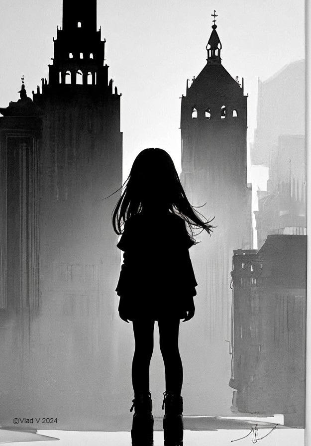 Silhouetted Girl Against Intricate Skyscrapers in B&W