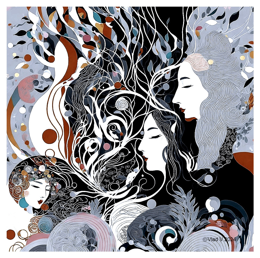 Stylized Artwork of Three Intertwined Women
