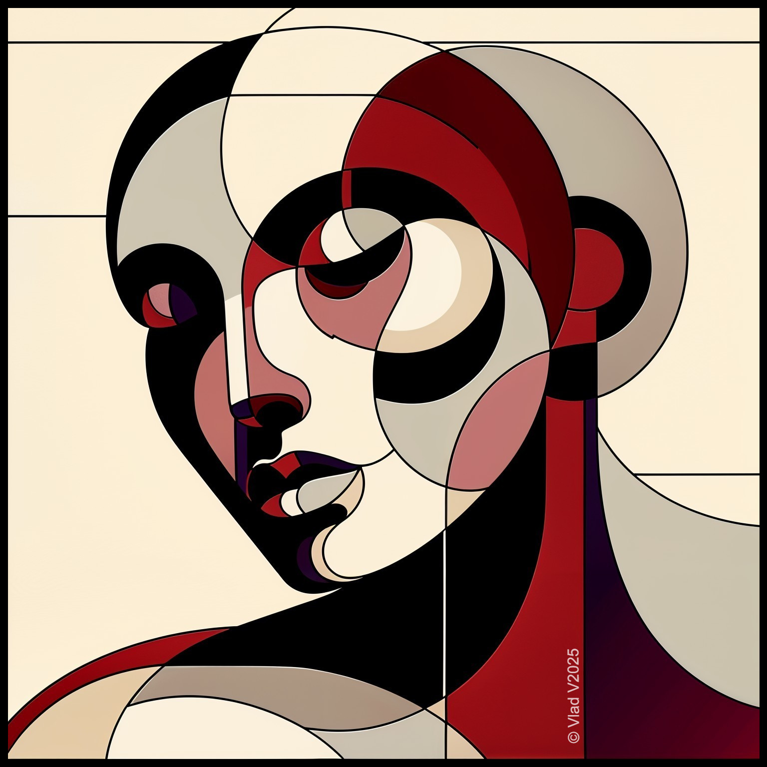 Abstract Geometric Portrait in Red, Black, and White